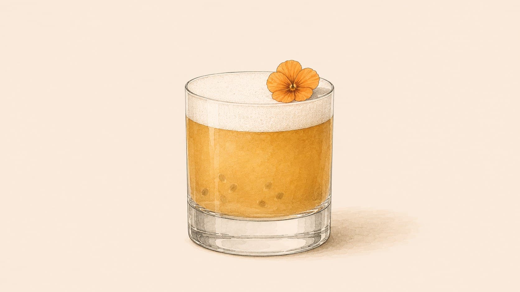 A golden cocktail with a white foam cap and an orange blossom, in a rocks glass