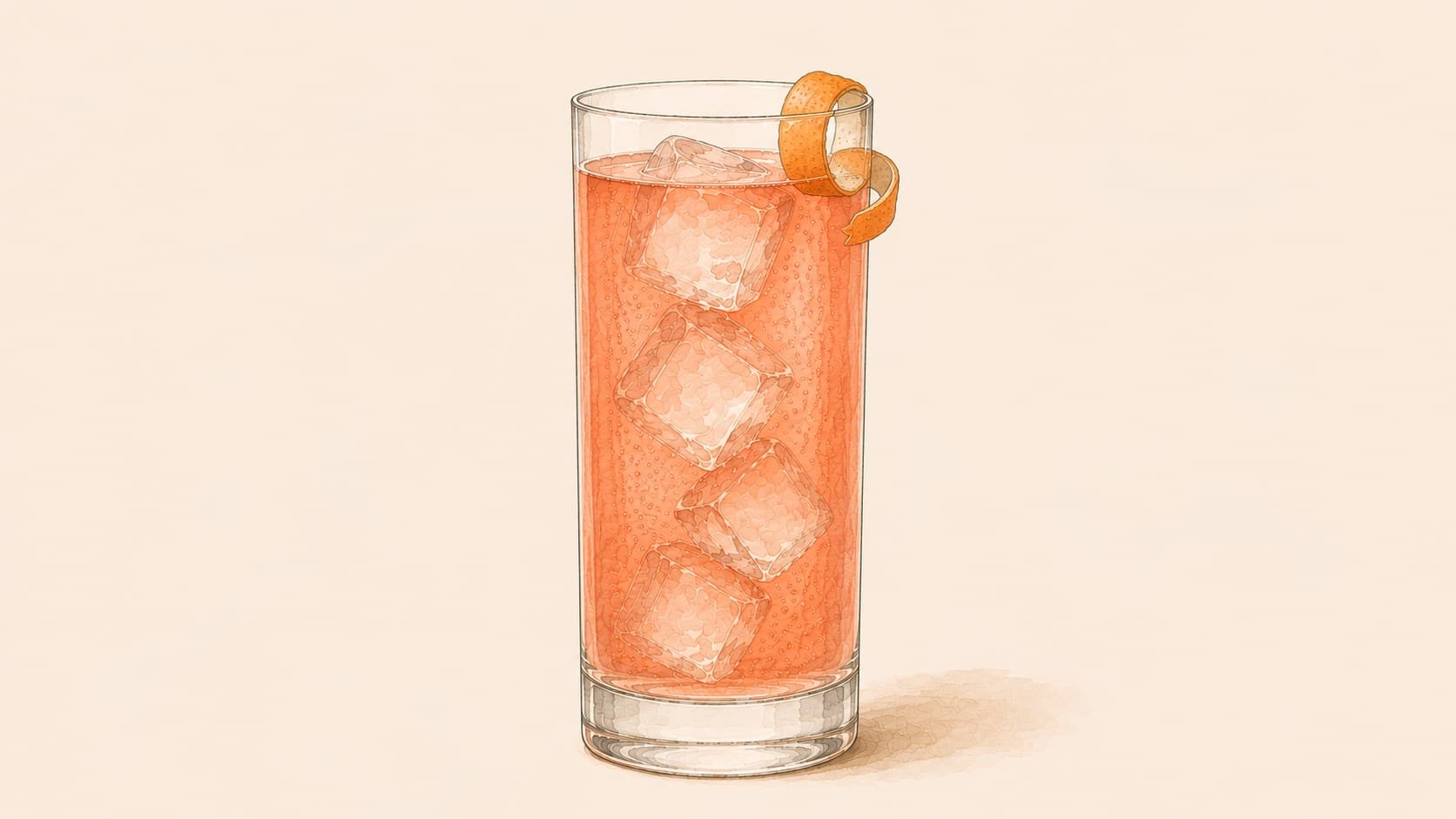 A coral-red cocktail over ice cubes with a tangerine twist, in a highball glass